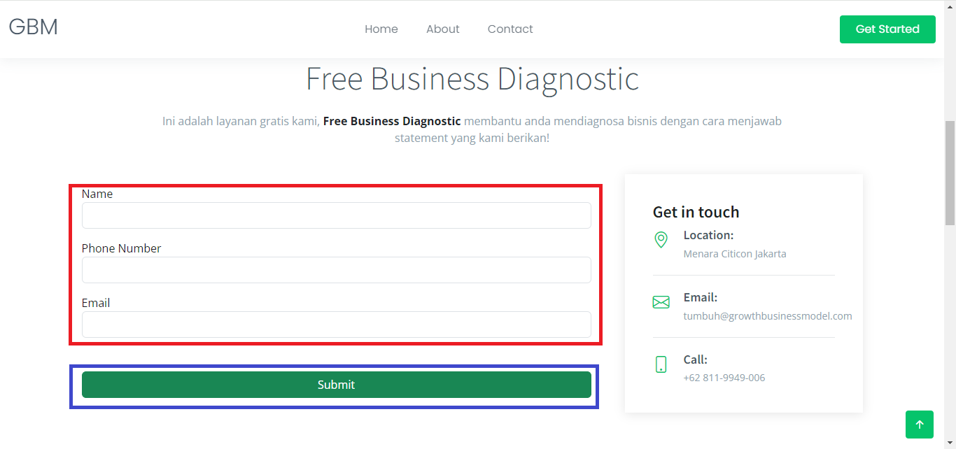 Screenshot of the form on the Growth Business Model website